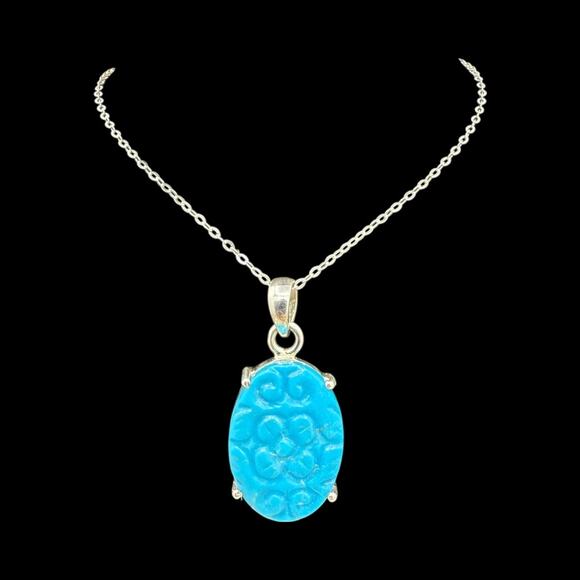 Carved Flower Turquoise Pendant Necklace 925 Sterling Silver 18in Chain Handmade - Picture 3 of 6